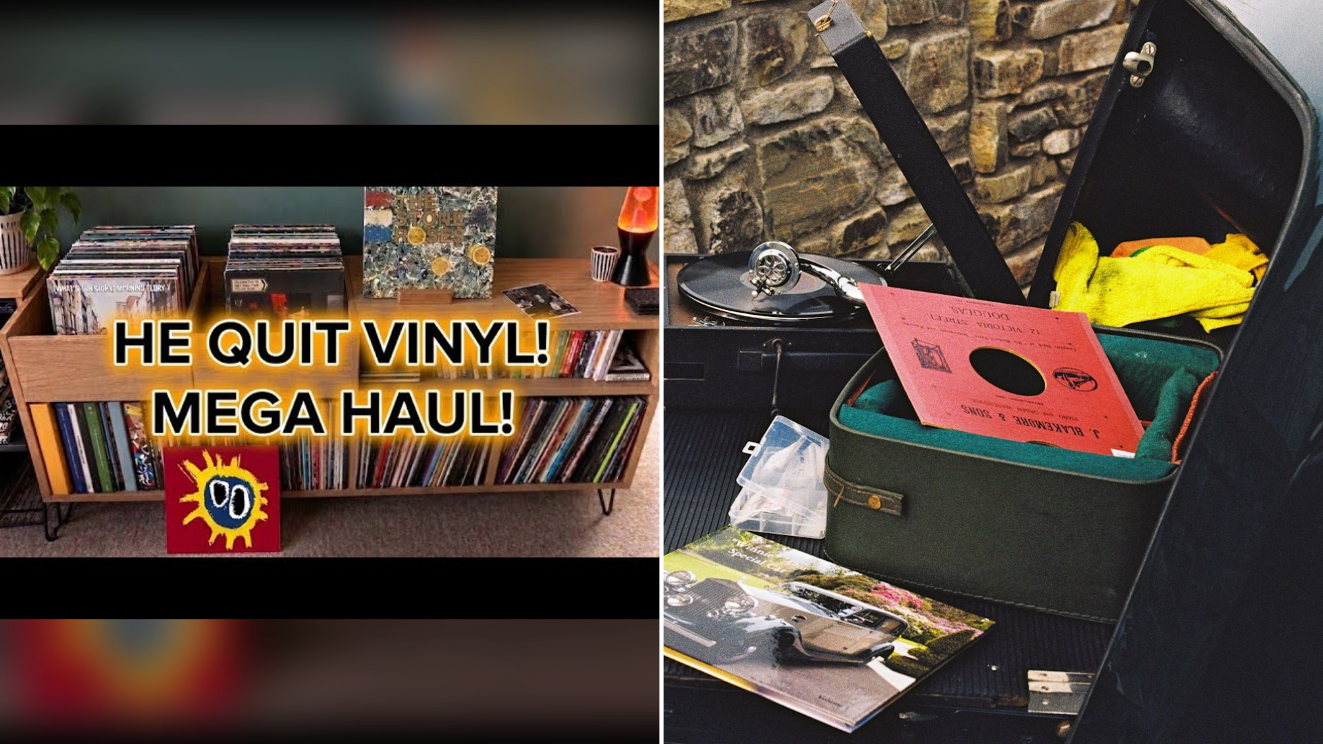 Thumbnail of the YouTube video from @TheVinylVoyage-ud3uf (left) beside an Unsplash photo by Tanya Barrow of a vintage record player and green case in a car trunk (right).