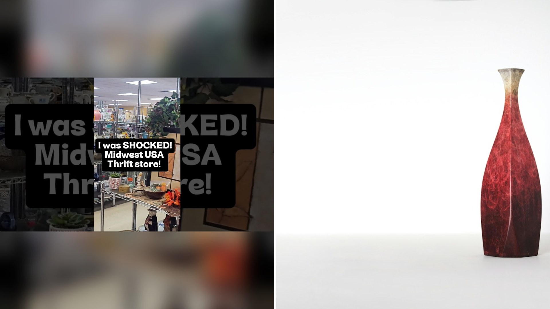 Thumbnail of the YouTube video from @THRIFT4DECORplus (left) beside an Unsplash photo by ORIENTO of a red ceramic vase (right).