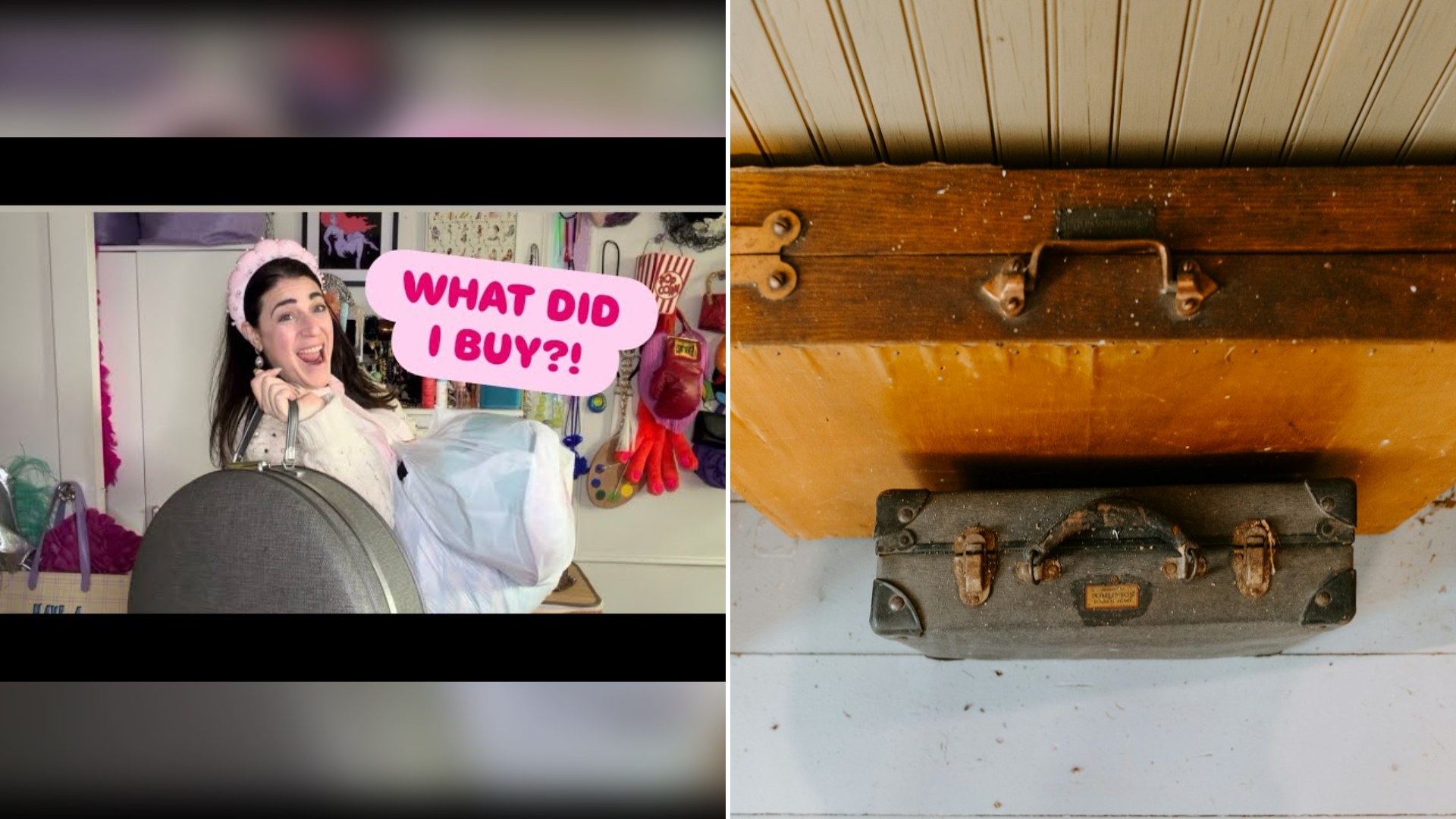 Thumbnail of the YouTube video from @ItsJessieJolles (left) beside an Unsplash photo by Kelly Sikkema of an old suitcase on the floor (right).