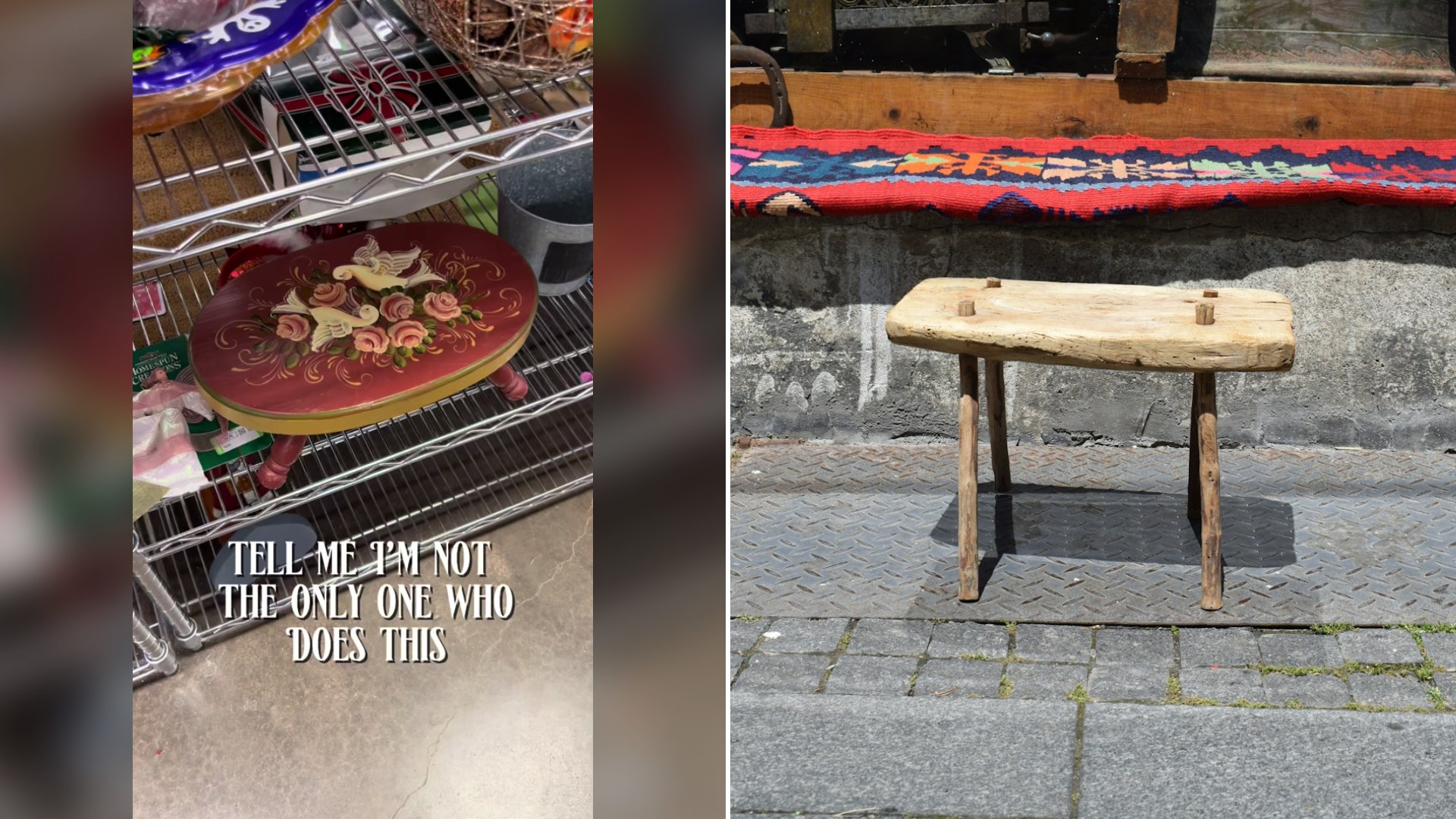 Cover of @hillarymarieugc's TikTok video (left) beside an Unsplash photo by Marija Zaric of an old wooden stool sitting outdoors on pavement (right).