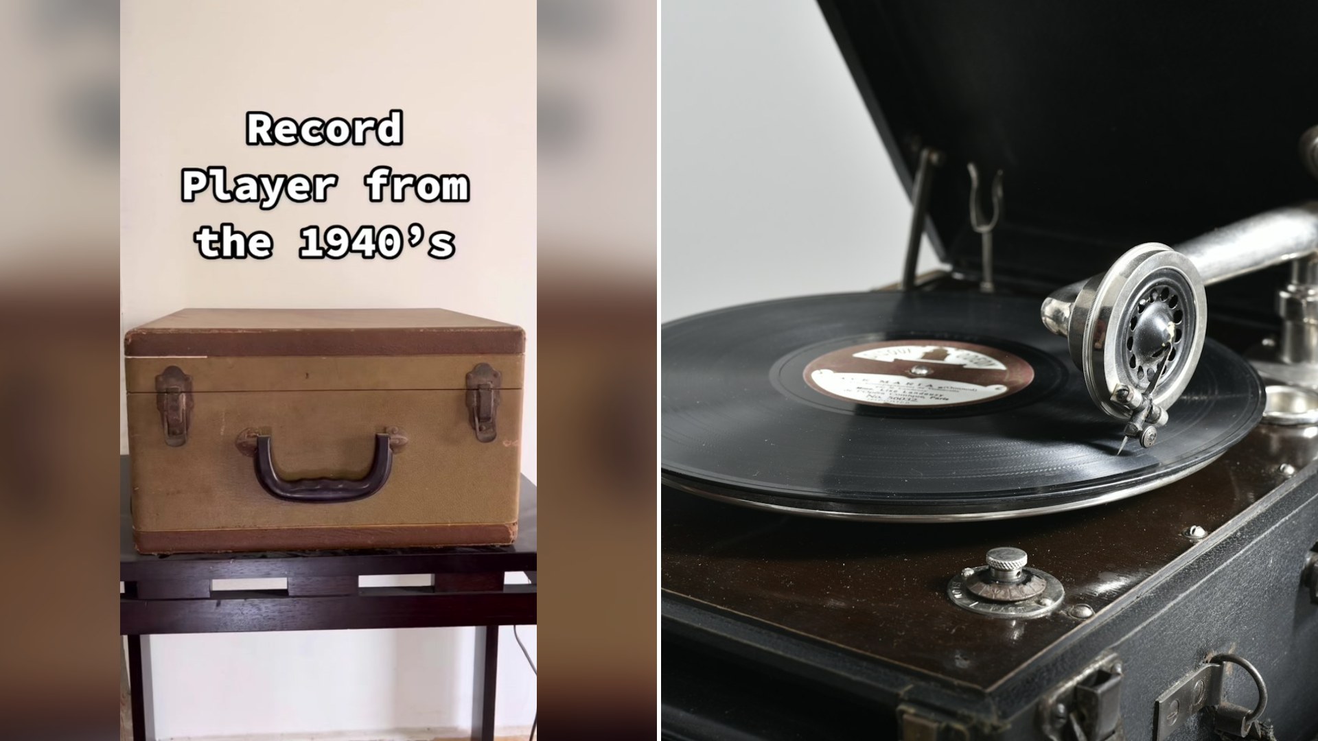 Cover of @jeffsvinylrecords's TikTok video (left) beside an Unsplash photo by Trintage of a record player sitting on top of a suitcase (right).