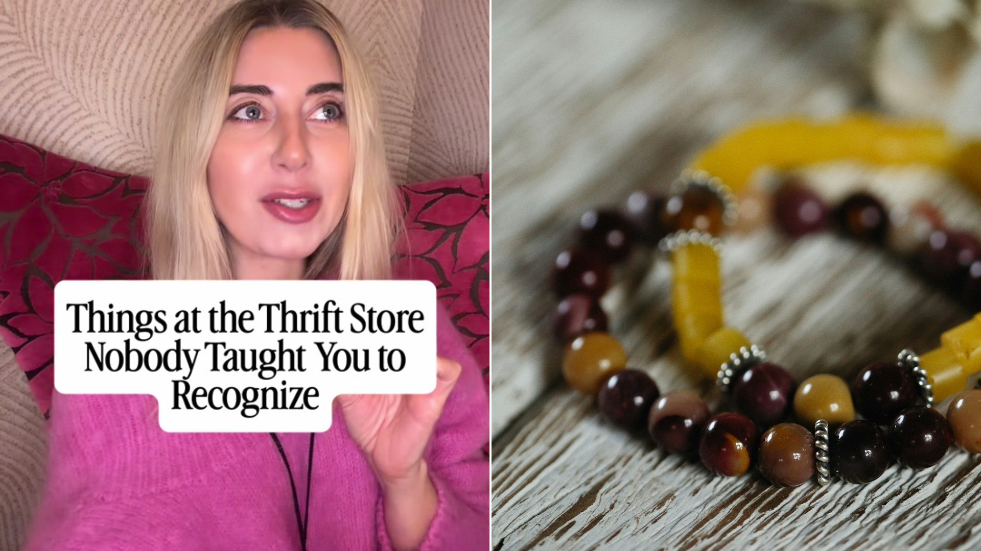 Cover of @virginiachamlee's TikTok video beside an Unsplash photo by Alexey Demidov of a couple of bracelets sitting on a wooden table.