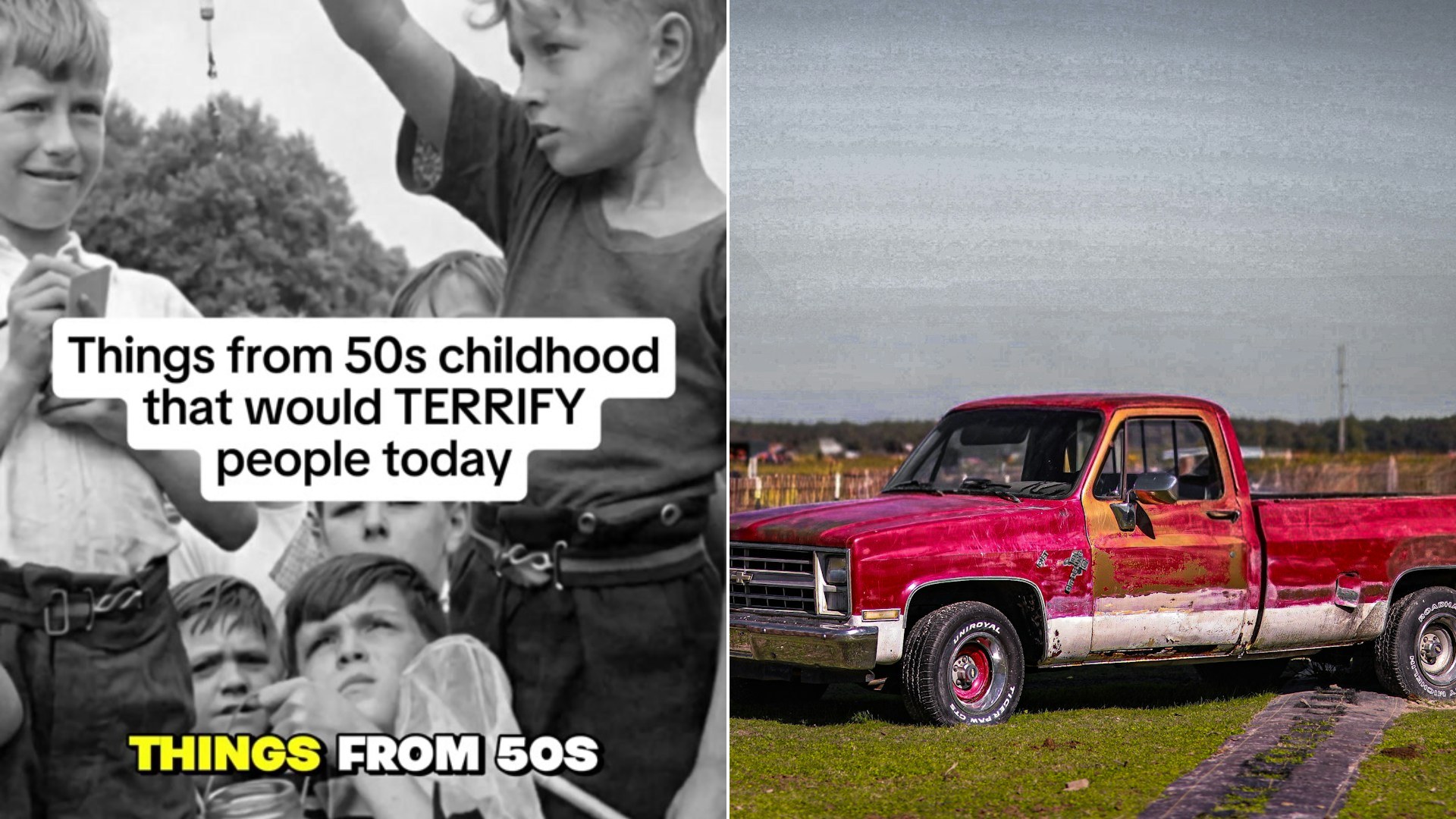 Cover of @we.are.baby.boomers' TikTok video beside an Unsplash photo by Vikram Singh of a weathered red and white pickup truck parked outdoors