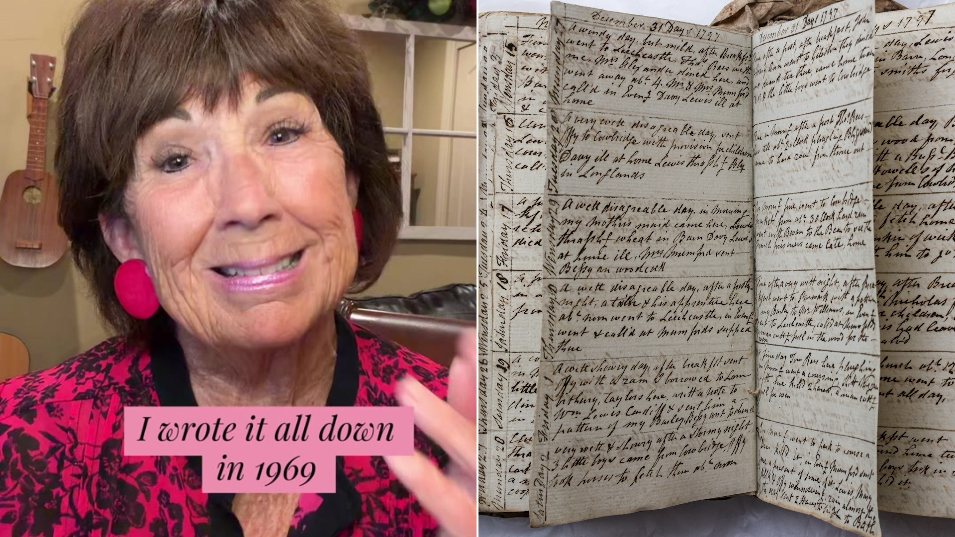 Cover of @shirleygirl_joy's TikTok video beside an Unsplash photo by Nick Russill of an old handwritten diary open to view.