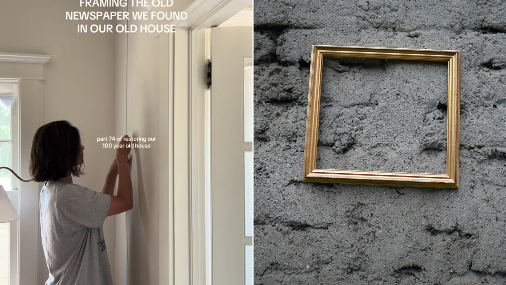 Cover of @oliveinjc's TikTok video beside an Unsplash photo by Marija Zaric of an empty wooden picture frame hanging on a textured brick wall
