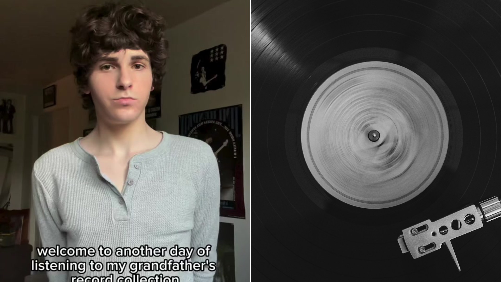 Cover of @whatsongrandpasturntable's TikTok video beside an Unsplash photo by Andrea Cipriani of a black vinyl record spinning on a turntable with a silver tonearm.