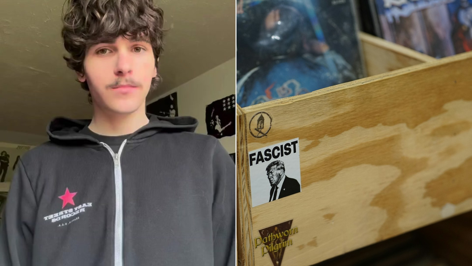 Cover of @whatsongrandpasturntable's TikTok video beside an Unsplash photo by chloe combs of a wooden crate filled with vinyl records and stickers.