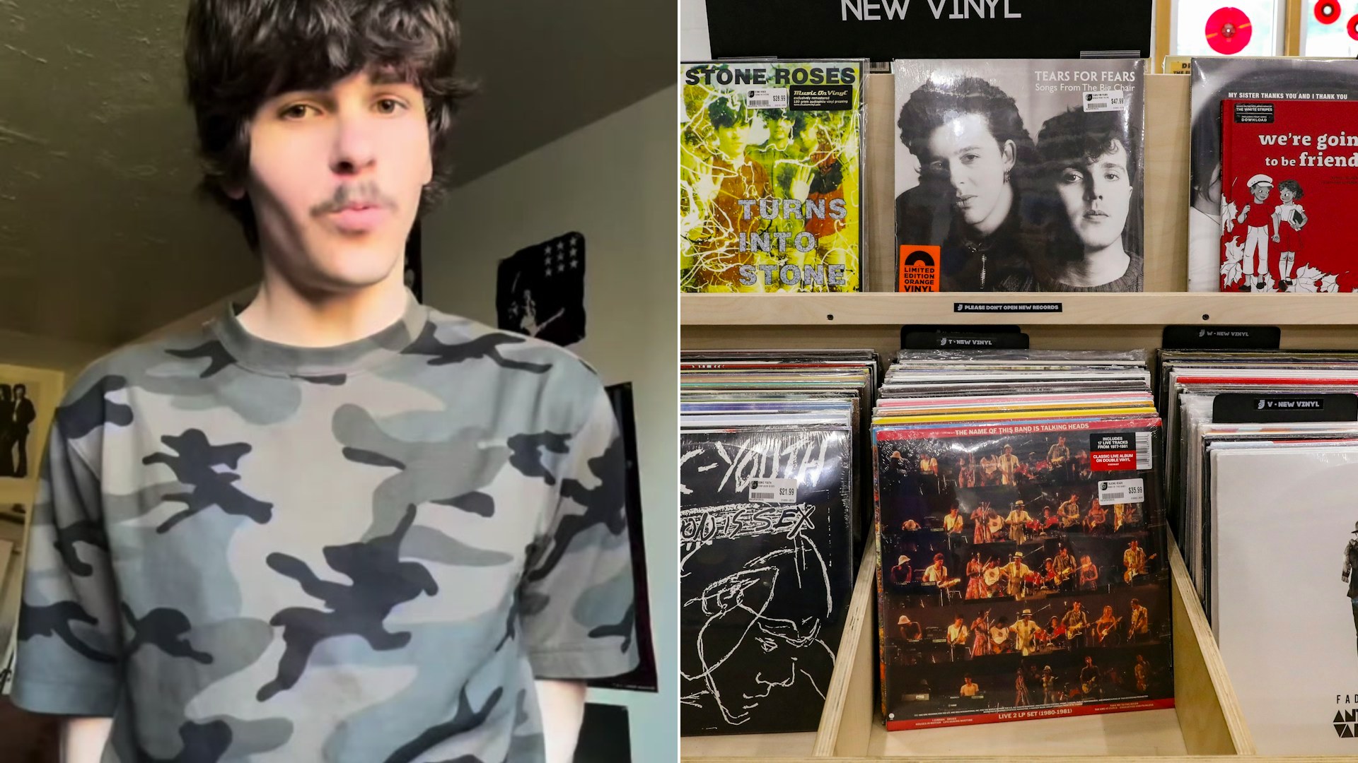 Cover of @thedadbodveteran's TikTok video beside an Unsplash photo by Mick Haupt of a store shelf filled with vinyl records and CDs.