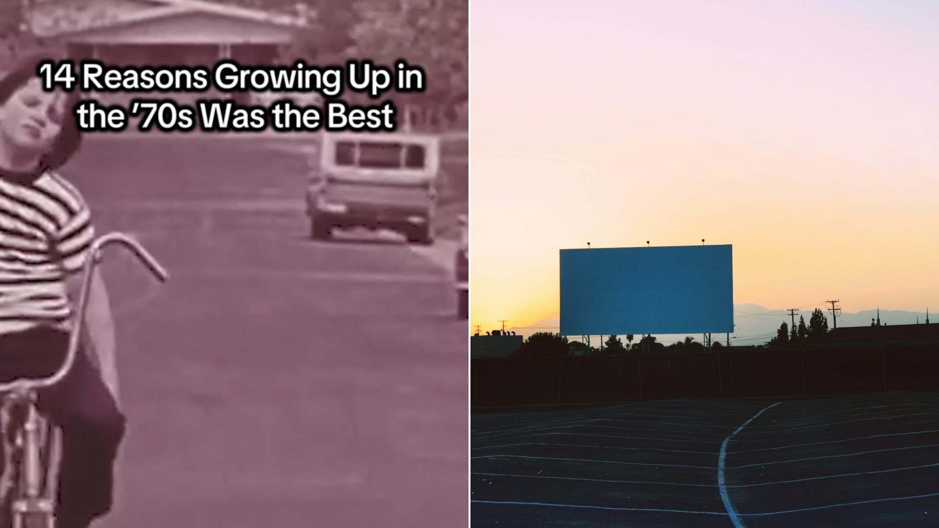 Cover of @memory_files' TikTok video beside an Unsplash photo by Ruth Bourke of a drive-in movie screen and empty parking lot at sunset