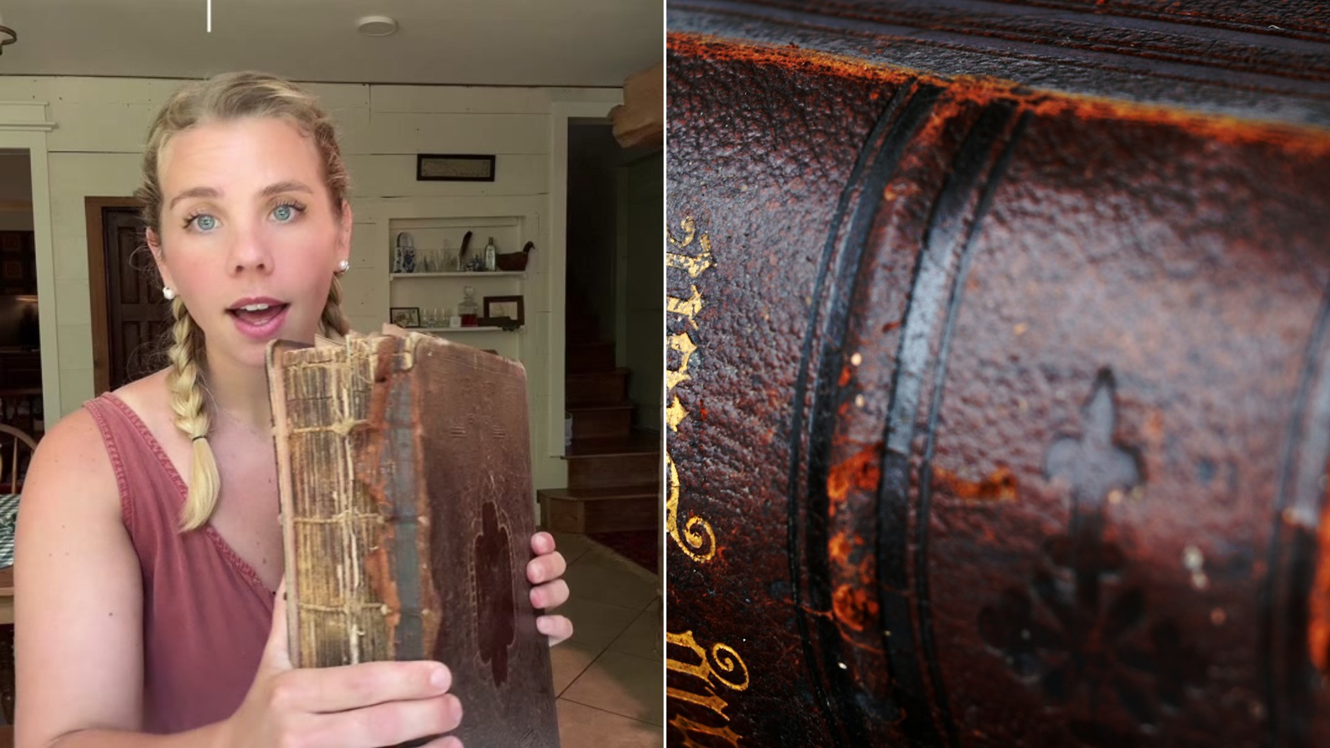 Cover of @marykateblount's TikTok video beside an Unsplash photo by Pierre Bamin of an old brown Bible.