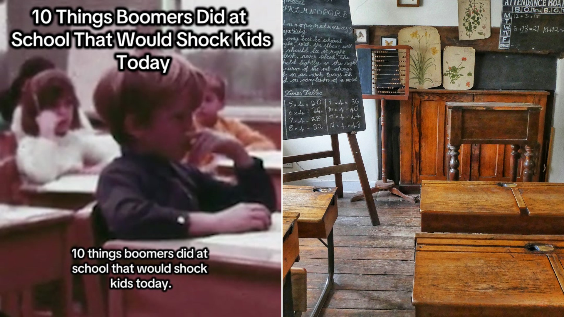 Cover of @memory_files' TikTok video beside an Unsplash photo by Belinda Fewings of four brown wooden school desks in a vintage classroom