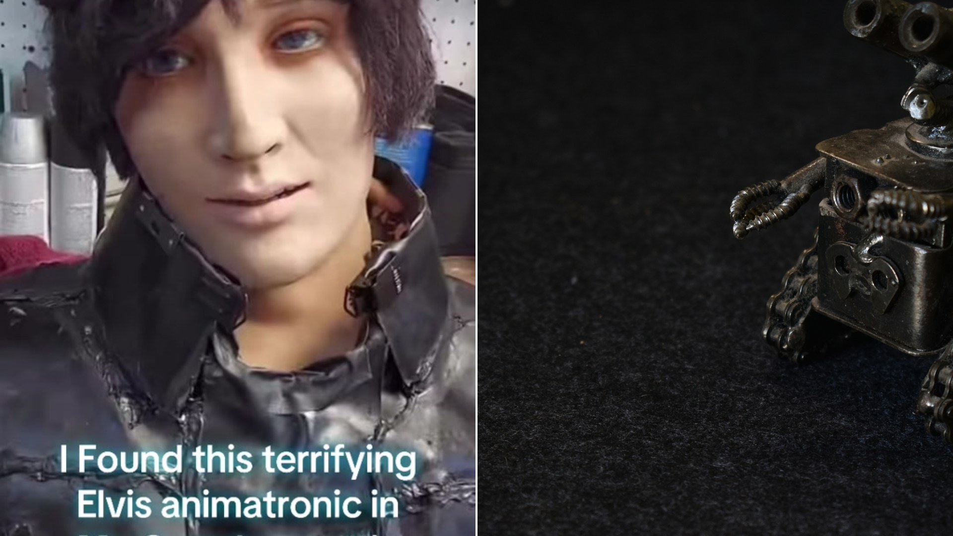 Cover of @hayyddenn's TikTok video beside an Unsplash photo by Owen Miller of a small metal robot sitting on a table.