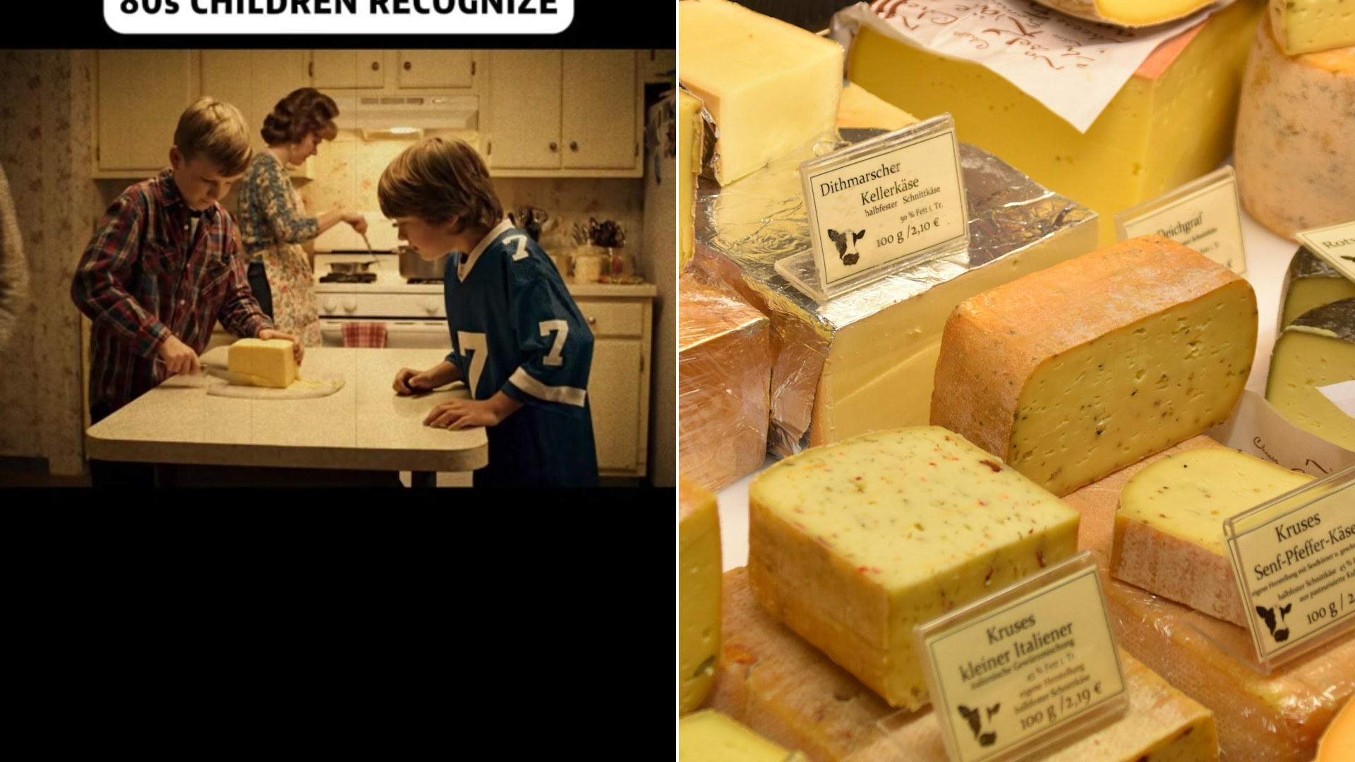 Cover of @past_archives' TikTok video beside an Unsplash photo by Waldemar Brandt of an assorted pile of cheese