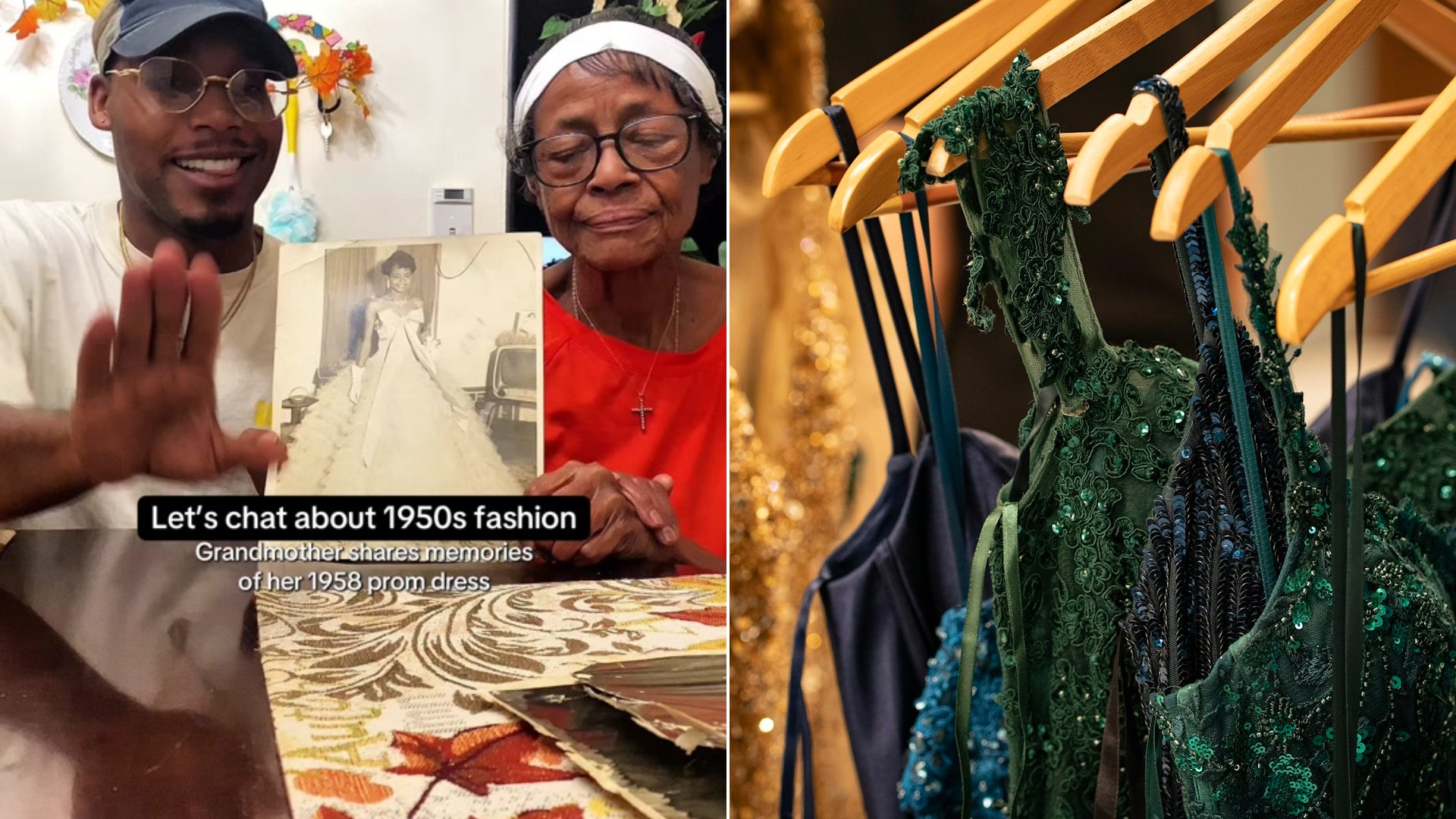 Cover of @jaykinjournal's TikTok video beside an Unsplash photo by Mihaela Claudia Puscas of sparkling dresses hanging on a clothes rack.