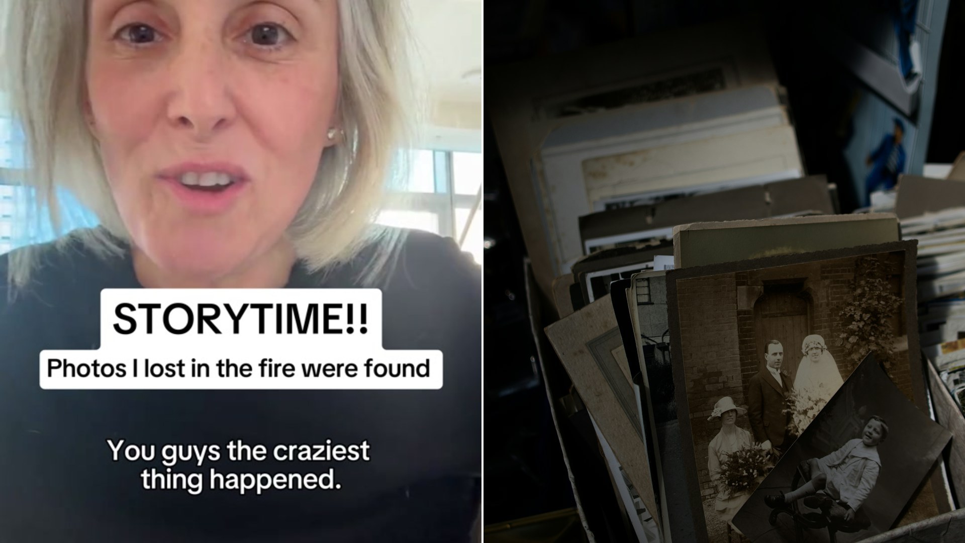 Cover of @rickilake's TikTok video beside an Unsplash photo by Alberto Domingo Carreiro of a box of old black and white photographs.