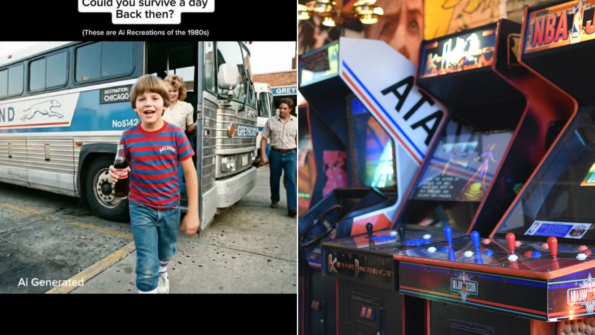 Cover of @thegoodoltimes's TikTok video beside an Unsplash photo by Eric Dahm of retro arcade games lined up in an entertainment room.