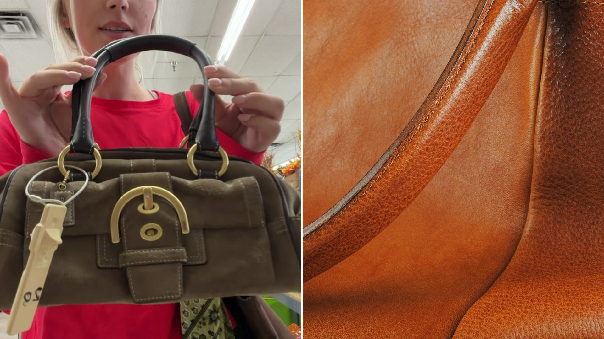 Cover of @mackenziescheid's TikTok video beside an Unsplash photo by Kristian Bøgh of a brown leather handbag with a long strap.
