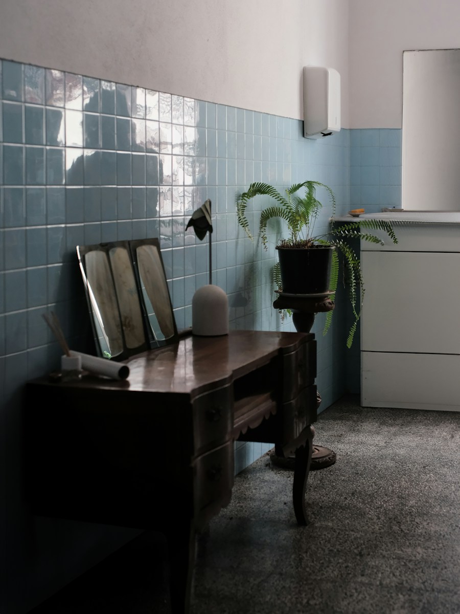 Antique vanity table with mirror and plant