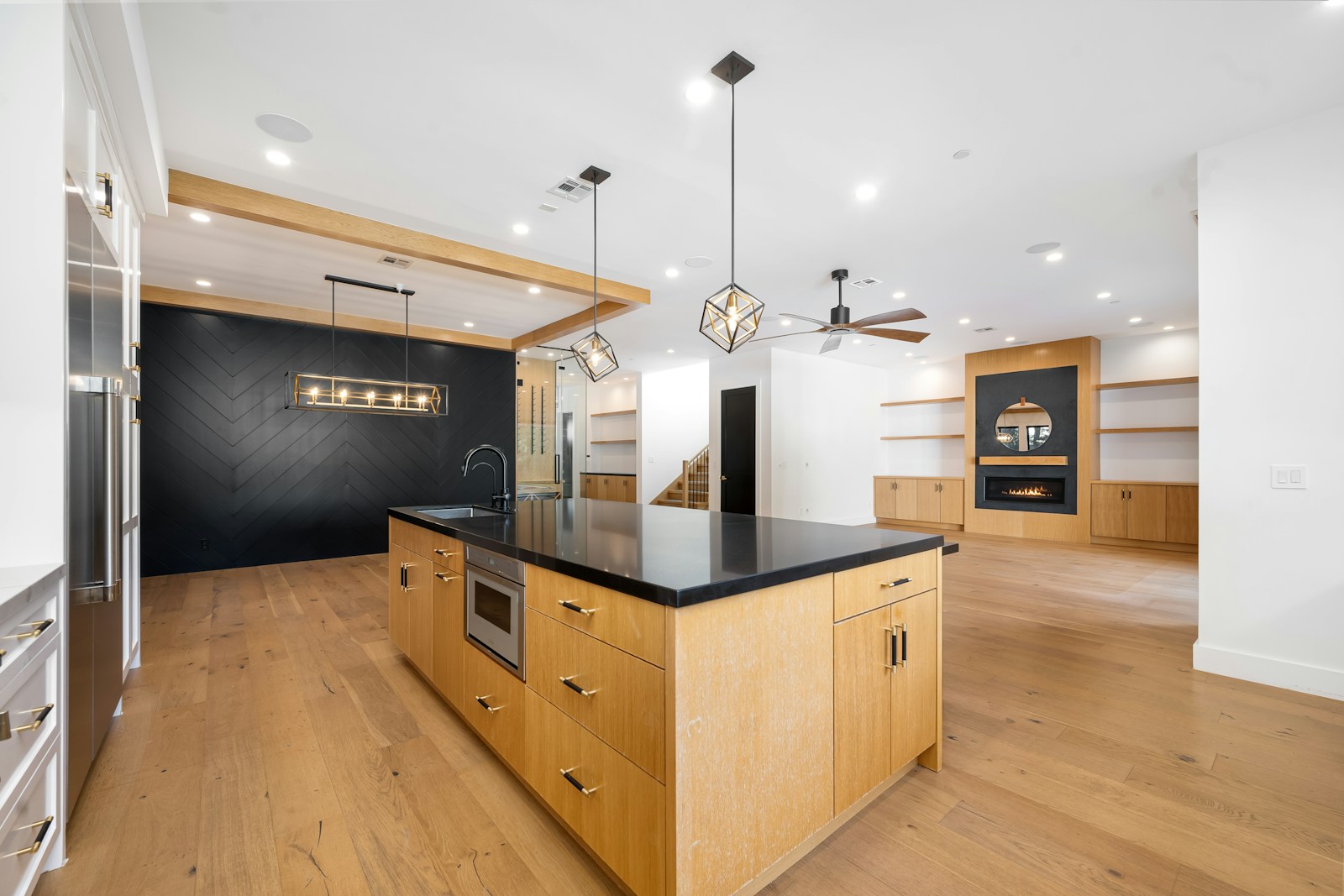 A large open kitchen with a center island