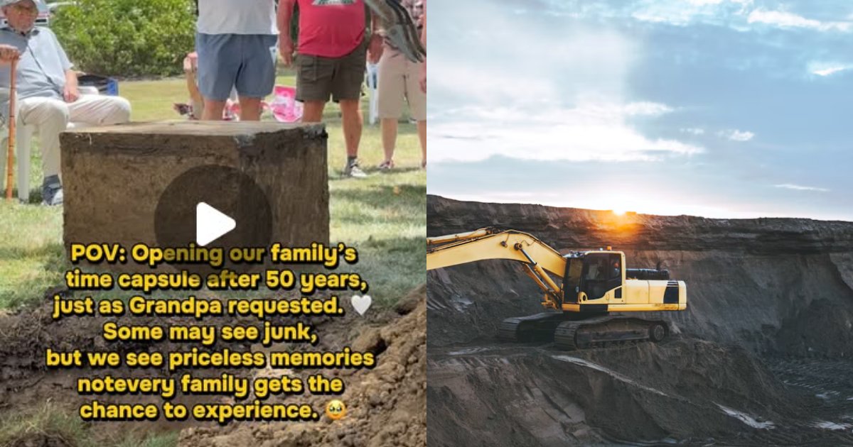 Family brings in an excavator to lift the lid off the 50 year old time capsule Grandpa buried in the yard and finds vintage newspapers, old beer cans and an unopened bottle of bourbon