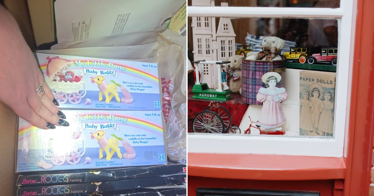 TikTok still of boxed vintage toys from a grandmother's toy store beside a vintage doll photo